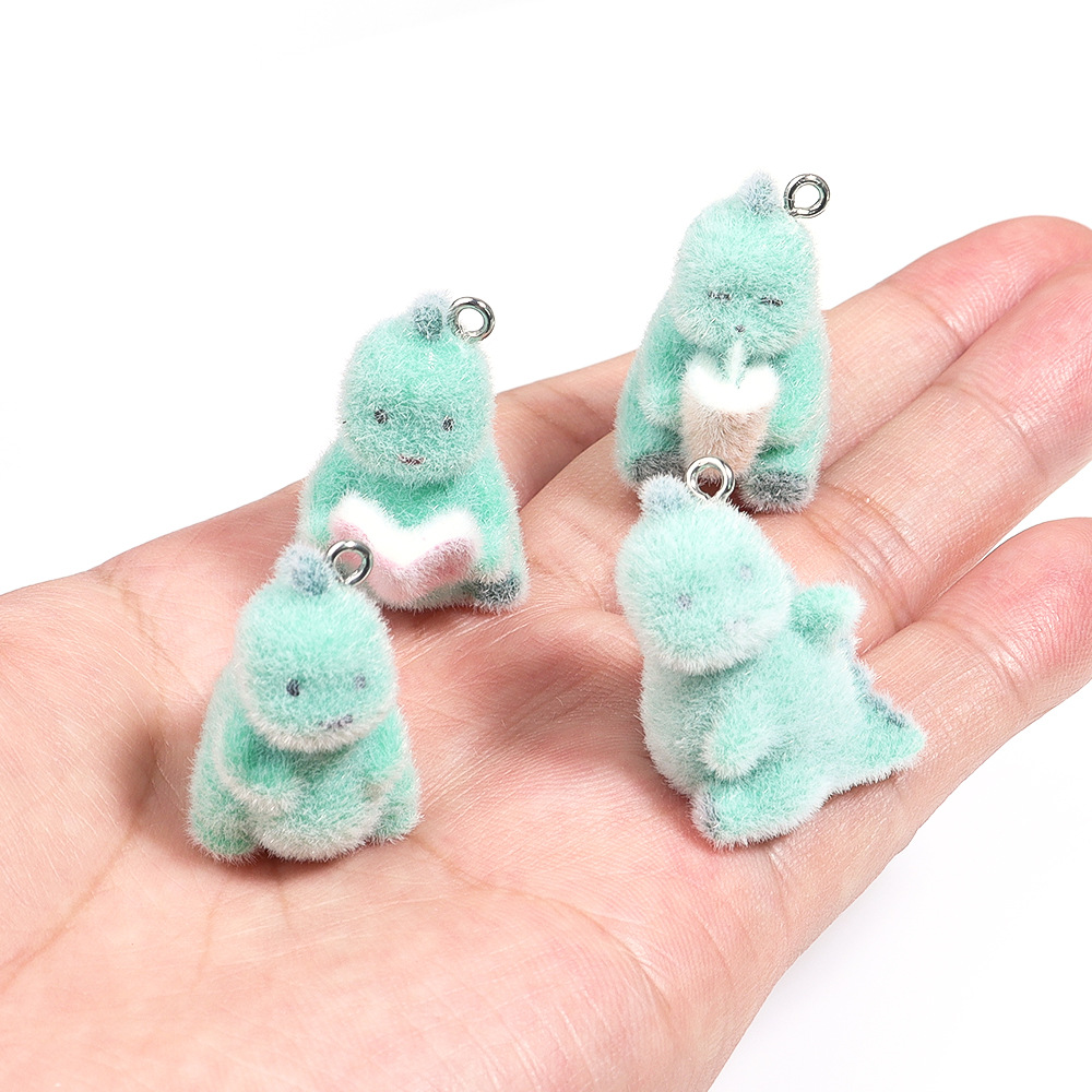3D Printing Earrings - 4個入り 3Dミニ恐竜ペンダント ふわふわフロッキング加工 動物恐竜チャーム 卸売 キーホルダー